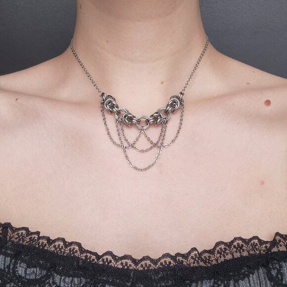 Gothic victorian princess silver chandelier chain mail choker necklace - Picture 3 of 7